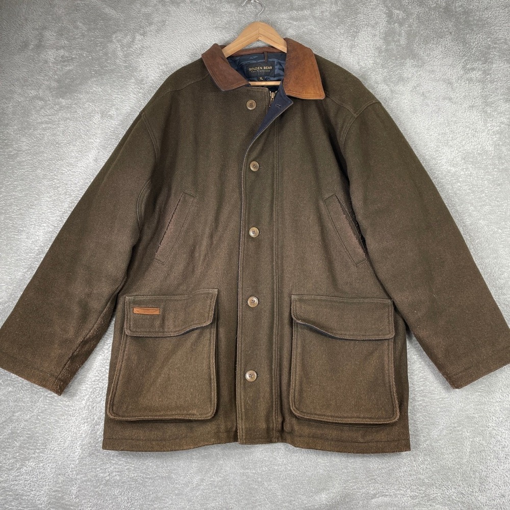Golden Bear Jacket Mens XL Brown Wool Leather Collar Quilted Field Coat Outdoor